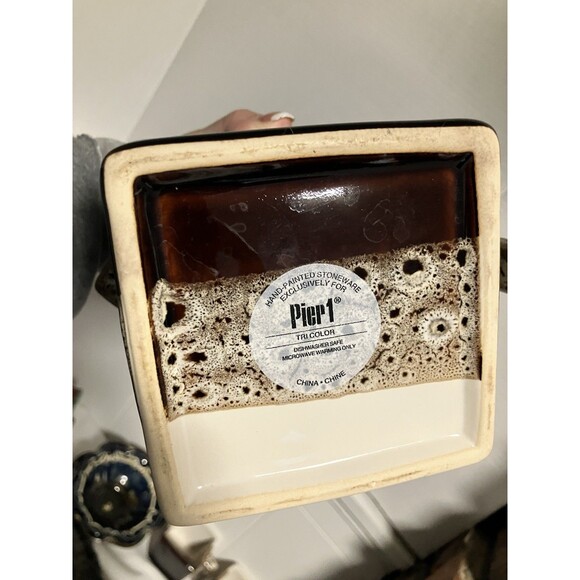 Tri Color Pier 1 Imports Stoneware Teapot/2 Cups Brown Tea Coffee Set - Picture 6 of 7